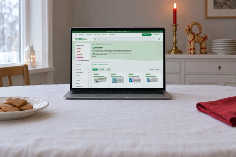 Apotek Hjärtat's category page Covid-test, with its introduction and the first self-tests, open on a laptop on a table with a white linen cloth, beside gingerbread biscuits and a red napkin, with a lit red candle and a straw goat behind