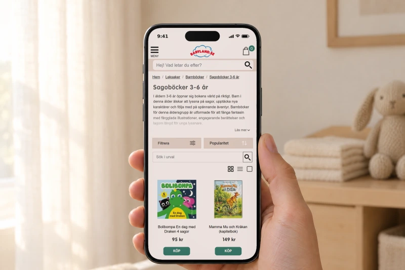 Babyland's category page for picture books for ages 3 to 6, with its intro and the first books, on a phone held in one hand in a nursery in soft morning sun