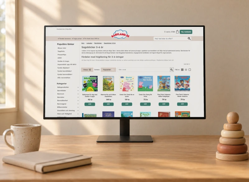 Babyland's category page for picture books for ages 3 to 6 on a desktop monitor on an oak desk in late afternoon sun.
