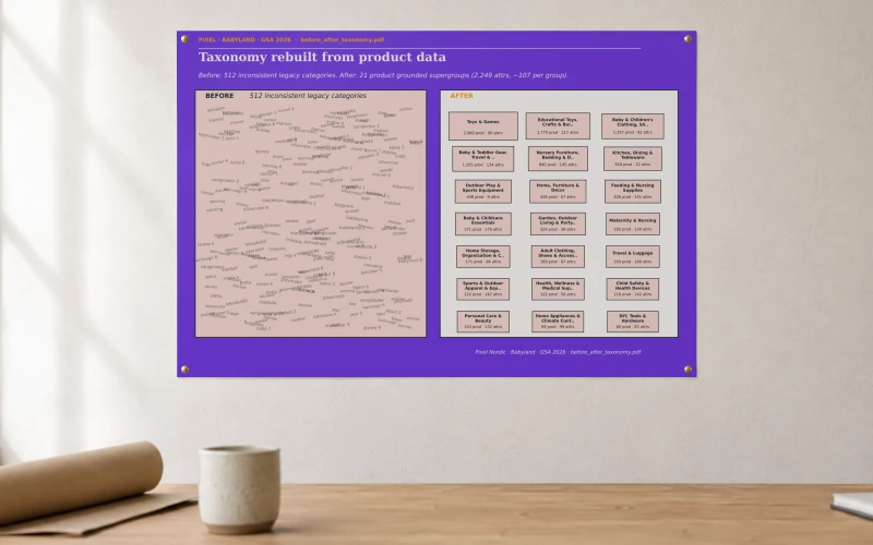 A printed sheet titled Taxonomy rebuilt from product data, with a scatter of old category names on the left and 21 tidy group boxes on the right, pinned to a studio wall above a worktable.