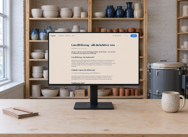 Capcito's article “Lån till företag - allt du behöver veta” on a monitor on a plywood desk in a ceramics studio, with shelves of bowls and vases and a kiln behind.