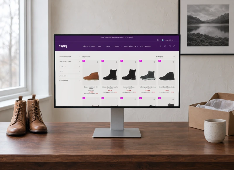 Heppo's page for Clarks boots, with filters on the left and a row of leather boots, on a desktop monitor on a walnut desk beside a pair of tan ankle boots.