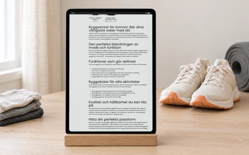 The lower half of Runforest's page for women's backpacks, with headings and paragraphs about backpacks, on a tablet in a wooden stand beside running shoes.