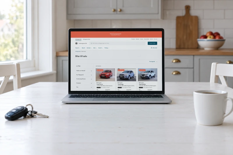 Holmgrens Bil's page Bilar till salu, cars for sale with filters and the first three cars, open on a laptop on a white kitchen table beside a set of car keys and a mug of coffee