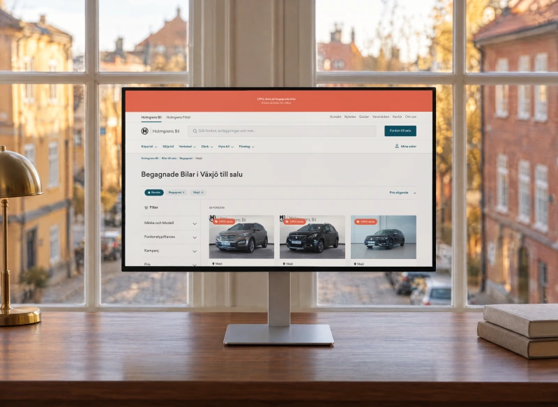 Holmgrens Bil's page for used cars for sale in Växjö on a monitor on a walnut desk, in front of a window onto a cobbled street with brick and ochre facades in autumn sun.
