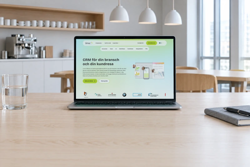 Lime Technologies' page for Lime CRM, CRM för din bransch och din kundresa, open on a laptop on an ash table in a bright office kitchen with an espresso machine and white pendant lamps behind