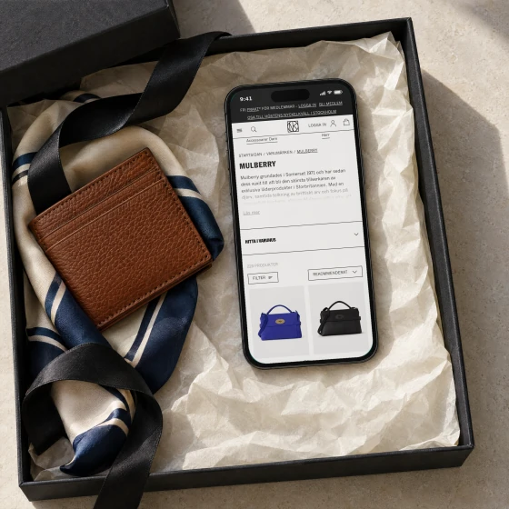 NK's Mulberry brand page on a phone, with the brand's story, where to find it in the stores and the first bags, lying in a black gift box on tissue paper beside a leather card wallet and a silk scarf.