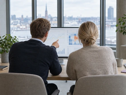 Two colleagues reviewing search data on a monitor