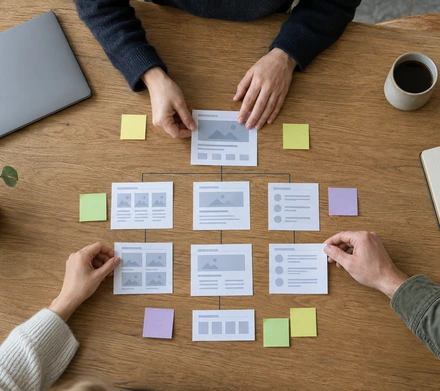 Hands arranging printed page maps on an oak table