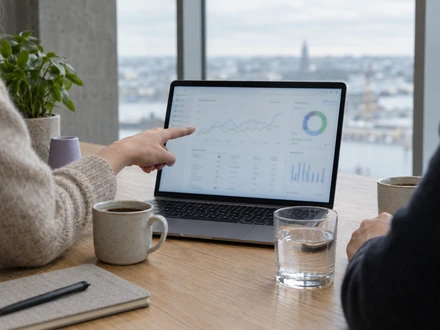 A colleague pointing at a results chart on a laptop
