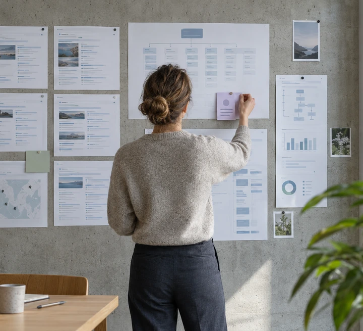 A colleague pinning printed page maps to a concrete wall