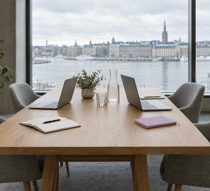An empty meeting room with laptops and a view over the water