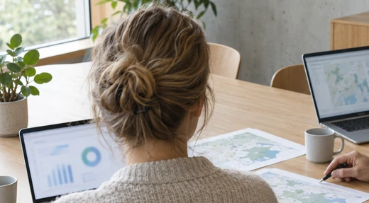 Two colleagues at a meeting table with laptops and printed page maps