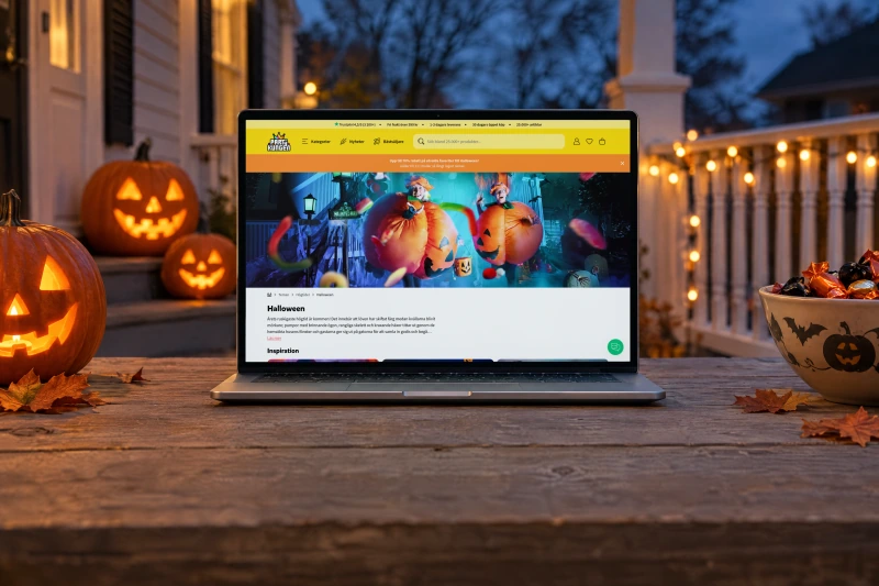 Partykungen's Halloween page open on a laptop on a weathered wooden table on a porch at dusk, between glowing carved pumpkins, a bowl of sweets and a string of warm lights along the railing