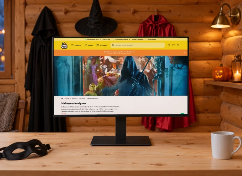 Partyking's Norwegian page “Halloweenkostymer” on a monitor on a pine desk in a timber cabin in the evening, with a black cloak, a witch hat and a red cape hanging on the log wall behind.