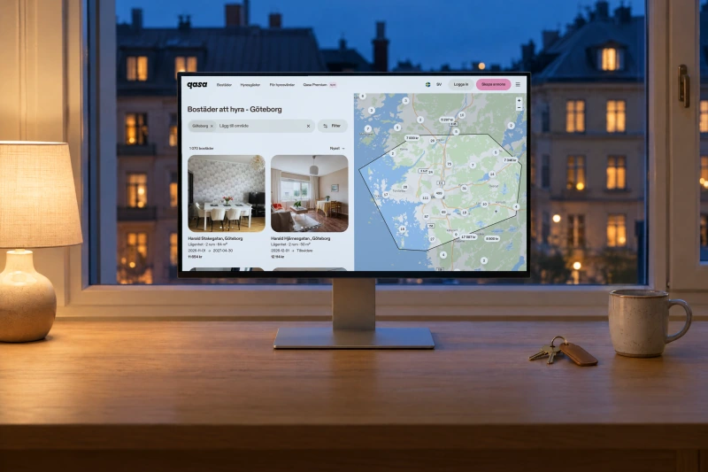 Qasa's page of homes to rent in Gothenburg, with a map of listings and two home cards, on a desktop monitor on an oak desk by a window at dusk, with a table lamp, a mug and a set of keys