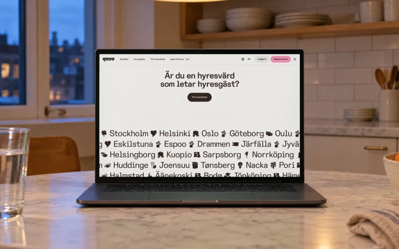 Qasa's home page with a band of city names, Stockholm, Göteborg, Helsingborg and more, on a laptop on a marble kitchen table at dusk.