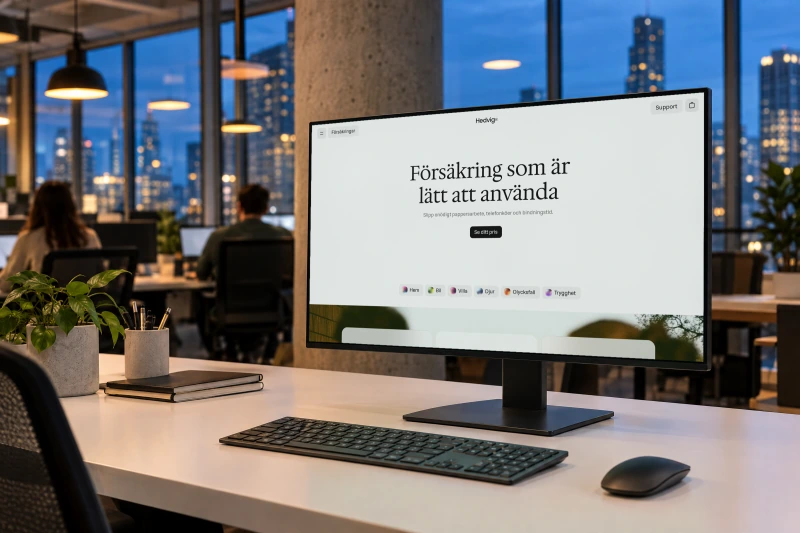 The Hedvig homepage on a monitor in an open-plan office at dusk