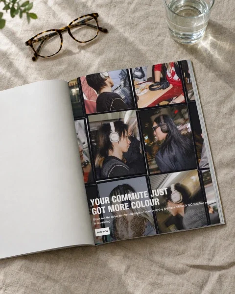 The Marshall homepage campaign as a full-page magazine ad, open on a linen cloth