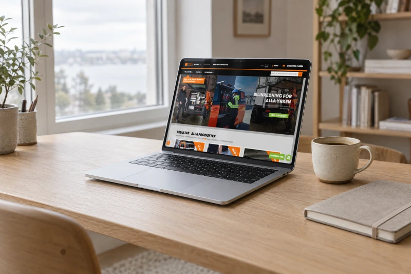 The Work System homepage on a laptop on an oak desk by a window