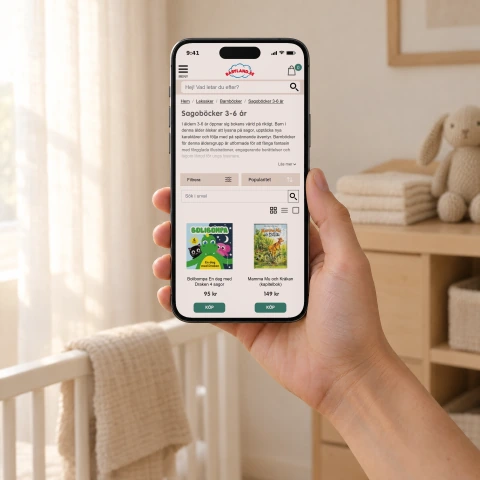 Babyland's category page for picture books for ages 3 to 6, with its intro and the first books, on a phone held in one hand in a nursery in soft morning sun