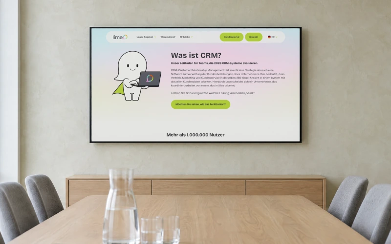 Lime's German guide “Was ist CRM?” on a wall-mounted display at the end of a meeting room table with grey chairs and a carafe of water.