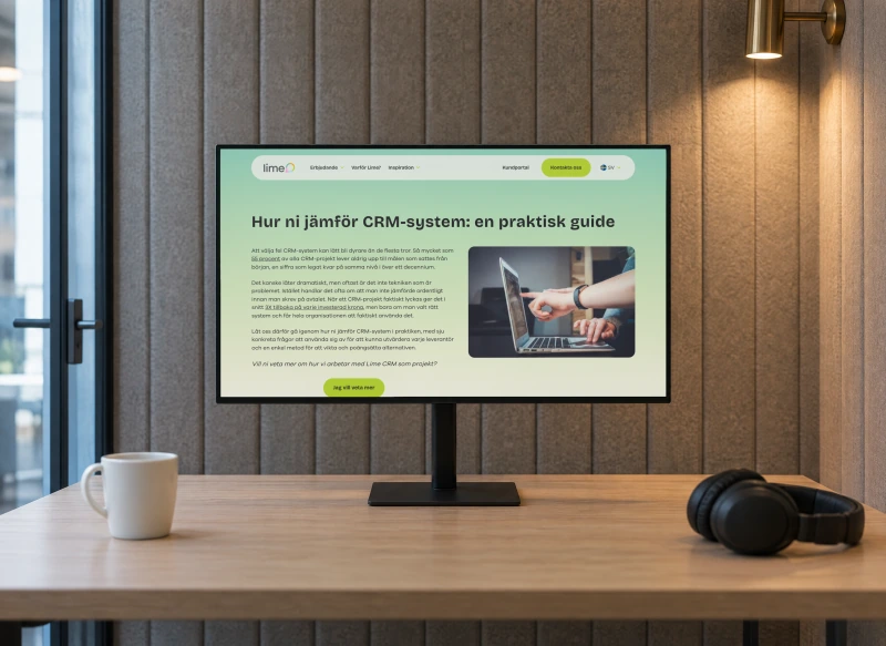 Lime's Swedish guide “Hur ni jämför CRM-system: en praktisk guide” on a monitor in a small focus room lined with ribbed grey felt panels, beside a white mug and a pair of headphones.