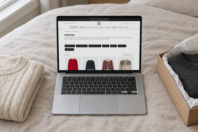 NK's category page for women's sweaters, with its intro, subcategories and a row of knitwear, on a laptop seen from above on a linen-covered bed, beside a folded cream cable-knit sweater and a gift box with a charcoal sweater in tissue paper