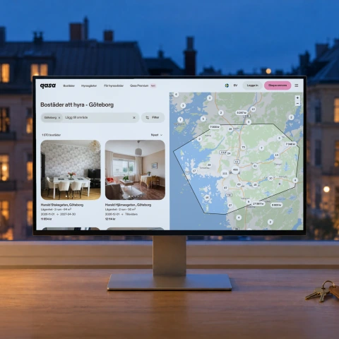 Qasa's page of homes to rent in Gothenburg, with a map of listings and two home cards, on a desktop monitor on an oak desk by a window at dusk, with a table lamp, a mug and a set of keys