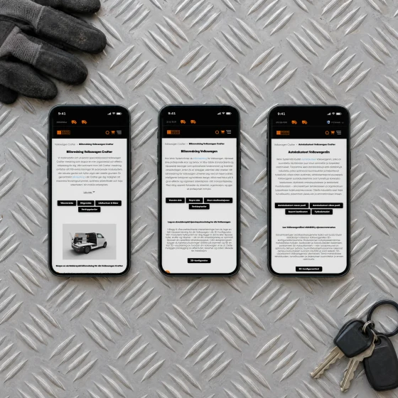 Three phones side by side on the aluminium tread plate step of a van, showing Work System's Volkswagen Crafter page in Swedish, Norwegian and Finnish.