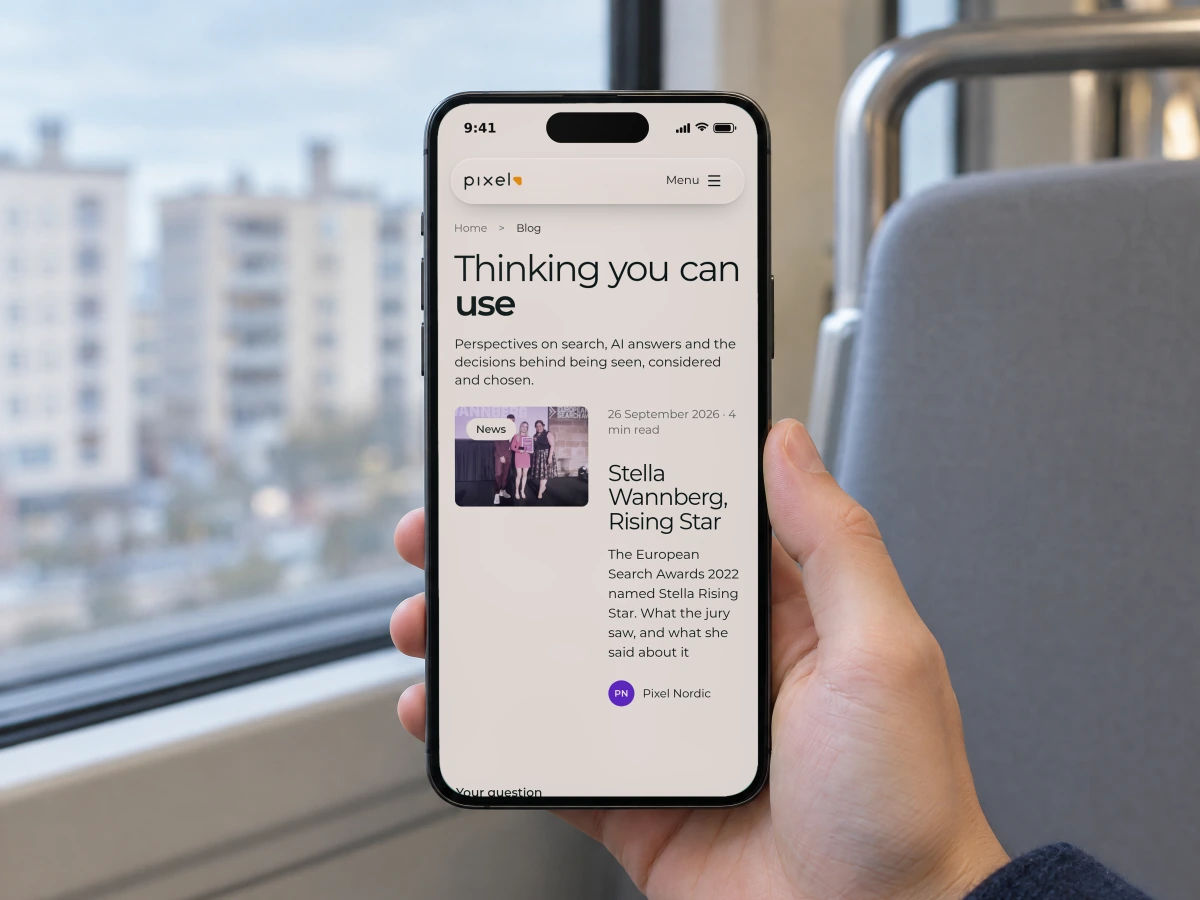 Pixel Nordic's blog, Thinking you can use, with its intro and the latest article, on a phone held in one hand on a commuter train by the window