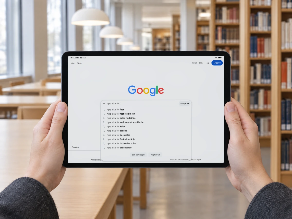 Google's search box with "hyra lokal för" typed and ten suggestions for parties, weddings and business premises around Stockholm, on a tablet held in two hands in a bright library