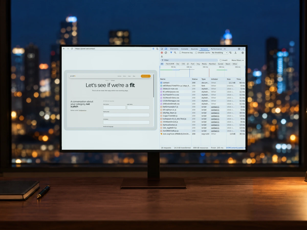 Chrome DevTools open on Pixel Nordic's contact page, the page on the left and the Network panel's list of requests on the right, on a monitor on a walnut desk at night with city lights behind